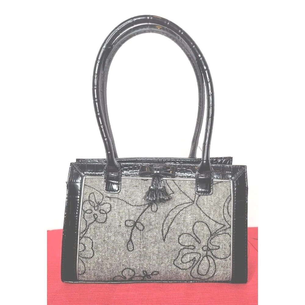 LIZ CLAIBORNE BLACK‎ GRAY TEXTURED TAPESTRY PURSE HANDBAG Faux Crocodile Vtg